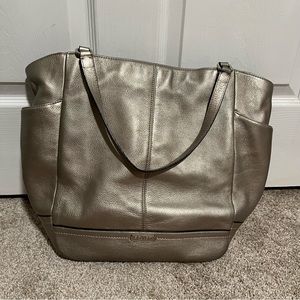 COACH leather tote bag silver pewter north south metallic #F23662